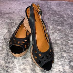 Black leather wedges